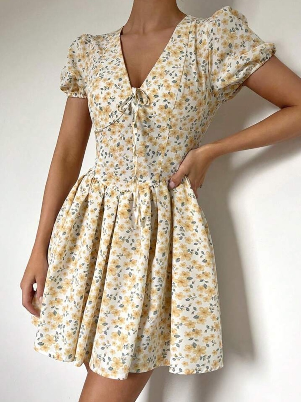Yellow Floral Tie-Front Summer Dress